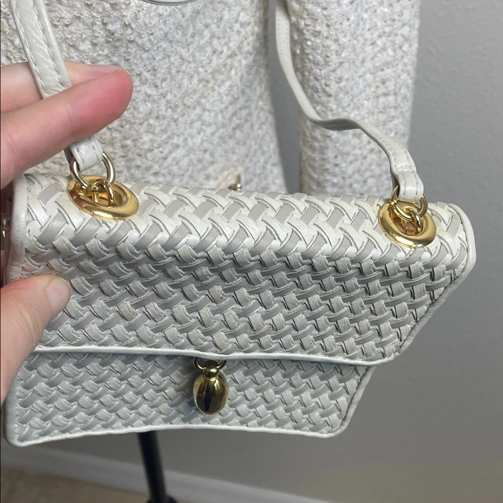 Genuine Leather Beige Silver Cream Woven Crossbody Bag with Gold Accent